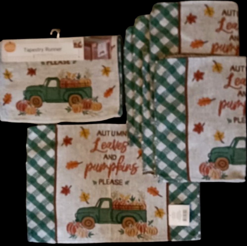 Autumn Leaves and Pumpkins Table Linens Set 6 Tapestry Placemats and Runner Fall - Picture 7 of 7